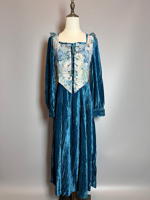 Gothic Blue Medieval Velvet Dress with Floral Corset and Long Sleeves – Gothic Medieval Dress Plus Size